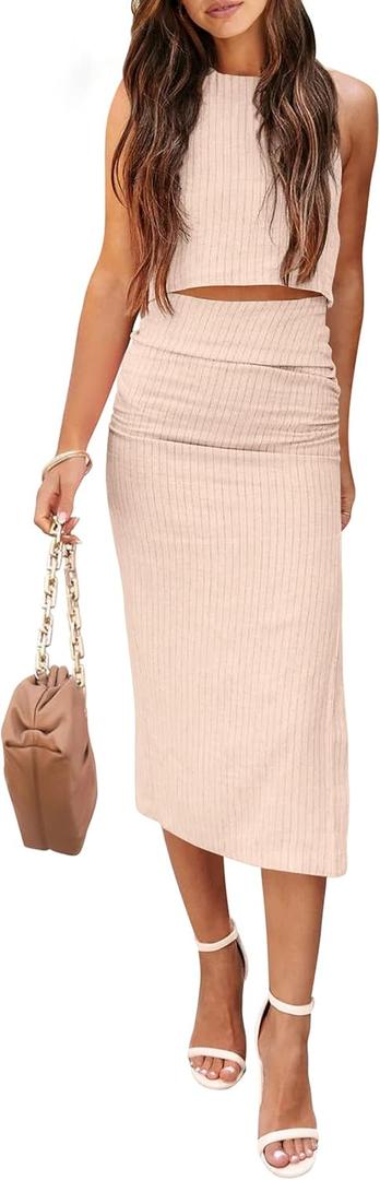 PRETTYGARDEN Women's 2 Piece Summer Outfits Crewneck Tank Tops Split Bodycon Midi Skirt Set (Apricot)