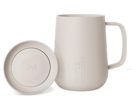 Simple Modern Voyager Signature Mug | Travel Coffee Tumbler with 360° Lid and Handle | Ceramic-Lined Insulated Stainless Steel Iced Cold Brew Cup | 12oz, Almond Birch