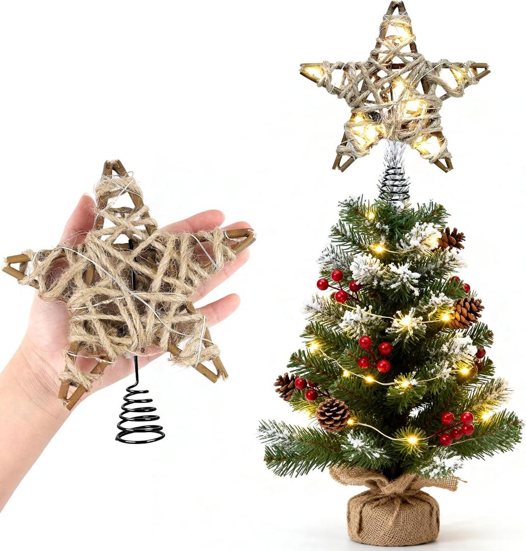 Christmas Tree Topper Rustic Christmas Tree Topper Star 6 Inch, Battery Operated Lighted Jute Rattan Star Warm White Light Christmas Tree Decoration for Small Tabletop Christmas Trees