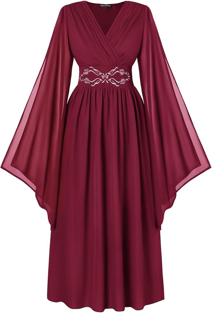 Scarlet Darkness Women's Renaissance Costume Wrap V Neck Medieval Dress Split Bell Sleeve Embroidery Fairy Dresses (M)