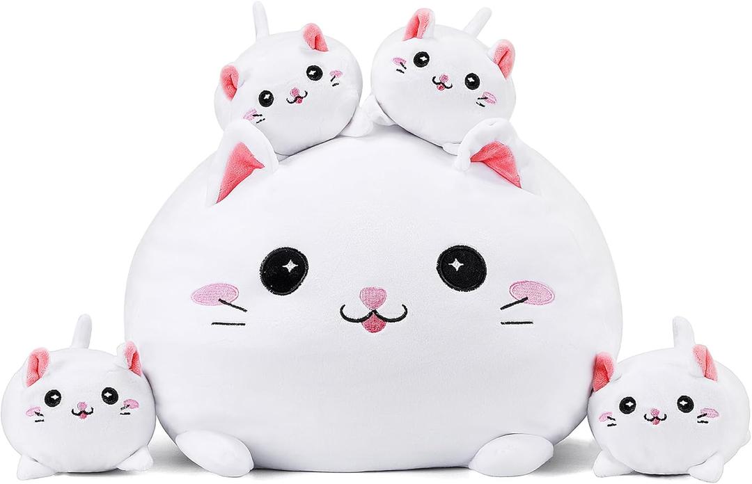 Cat Plush Cute Cat Stuffed Animal with 4 Baby Soft Pillow Birthday Gift for Girls Boys Kids Decor