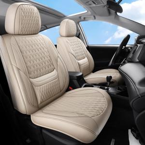Leather Car Seat Covers,Car Seat Covers Full Set,Automotive Seat Covers 5 Seats,Fit for Most Cars SUV and Most Sedans Hatchbacks Crossovers,Breathable Waterproof Full Wrapping Edge Seat Covers Beige
