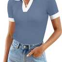 Ivicoer Womens 2025 Summer V Neck Short Sleeve T Shirts Slim Fitted Ribbed Knit Casual Tee Tops (Small, Gray Blue)