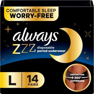 Always ZZZ Overnight Disposable Period Underwear for Women, Large, 360 Coverage for Worry-Free Nights, 14 Count (2 Packs of 7)