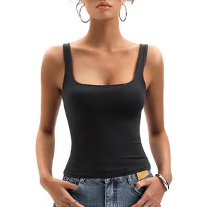 Womens Square Neck Tank Tops Double Lined Basic Tanks Sleeveless 2025 Summer Collection (Black, XL)