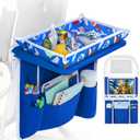 Adjustable Kids Airplane Tray Cover with Pocket Organizer, Snack & Toy Pockets, Toddler Airplane Travel Essentials, Travel Tray for Plane Train, Clear Touch Tablet Pocket, Carrying Strap, Plane Print