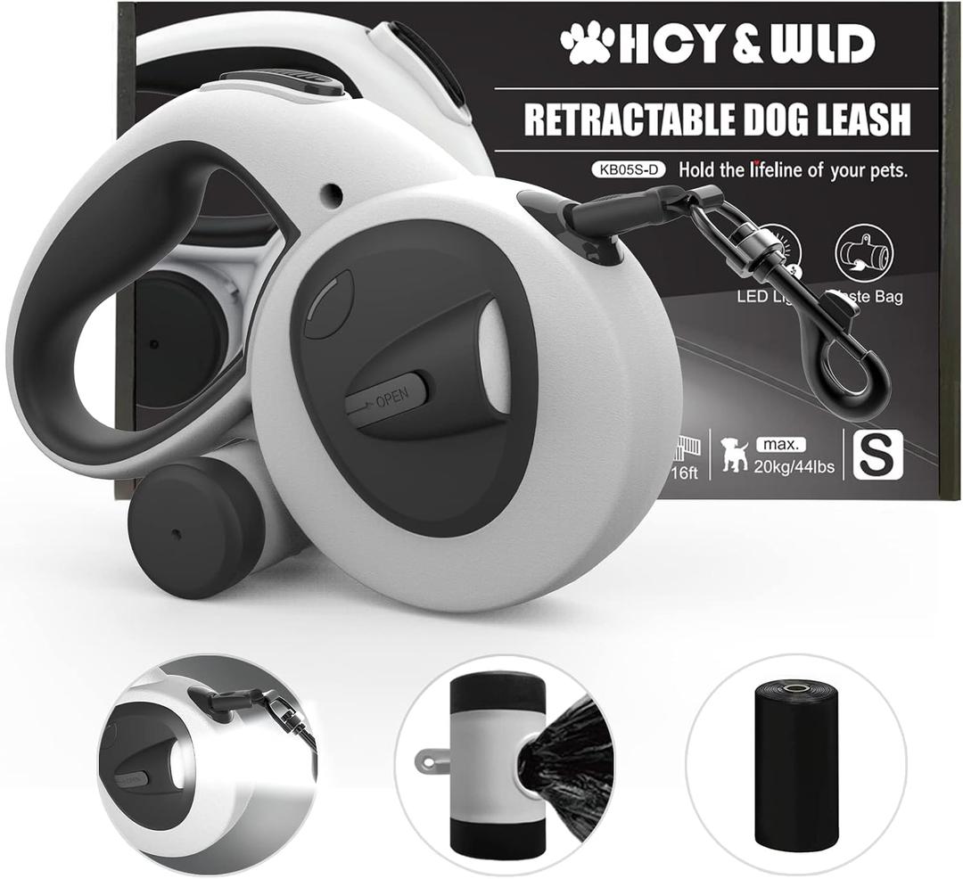 HCY&WLD Upgrade 4-in-1 Retractable Dog Leash with LED Light & Dispenser & Poop Bags, 16 ft Heavy Duty Dog Leash with Anti-Slip Handle for Dogs up to 44 lbs, 360 Tangle-Free, One Button Brake & Lock