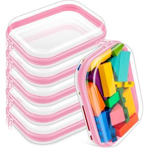 Sanwuta 6 Pcs Clear Hard Zipper Case Plastic Zipper Pouches Transparent Makeup Bag Pencil Case Pouches Toiletry Diaper Bag for Travel Toy Storage Organizer Bins(Pink,7.87 x 5.9 x 2 Inch)