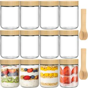 12 Pack 16oz Glass Jars with Bamboo Lids, Spoons, Airtight Overnight Oats Containers, Salad& Yogurt Storage, Mason Jars for Snacks, Spices, Meal Prep  Reusable