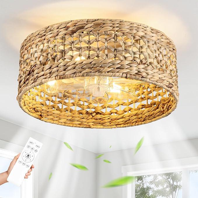 Handwoven Boho Ceiling Fan with Light,Rattan Caged Ceiling Fans with Lights and Remote Control Flush Mount Low Profile Enclosed 6 Speeds Fandelier for Bedroom,Living Room,Dining Room,4-Light