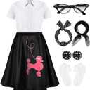 1950s Kids Poodle Skirt 50s Sock Hop Costume with Shirt Scarf Headband Earrings Glasses Socks (Black)