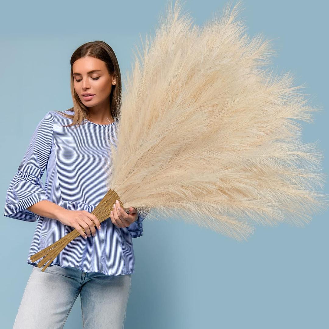 Ouddy Decor 8 Pcs Faux Pampas Grass Decor 38''/97cm Tall Artificial Large Pompous Pompas Floral Fluffy Fake Plants Floor Vase Filler for Wedding Kitchen Home Boho Decorations, Deep Beige