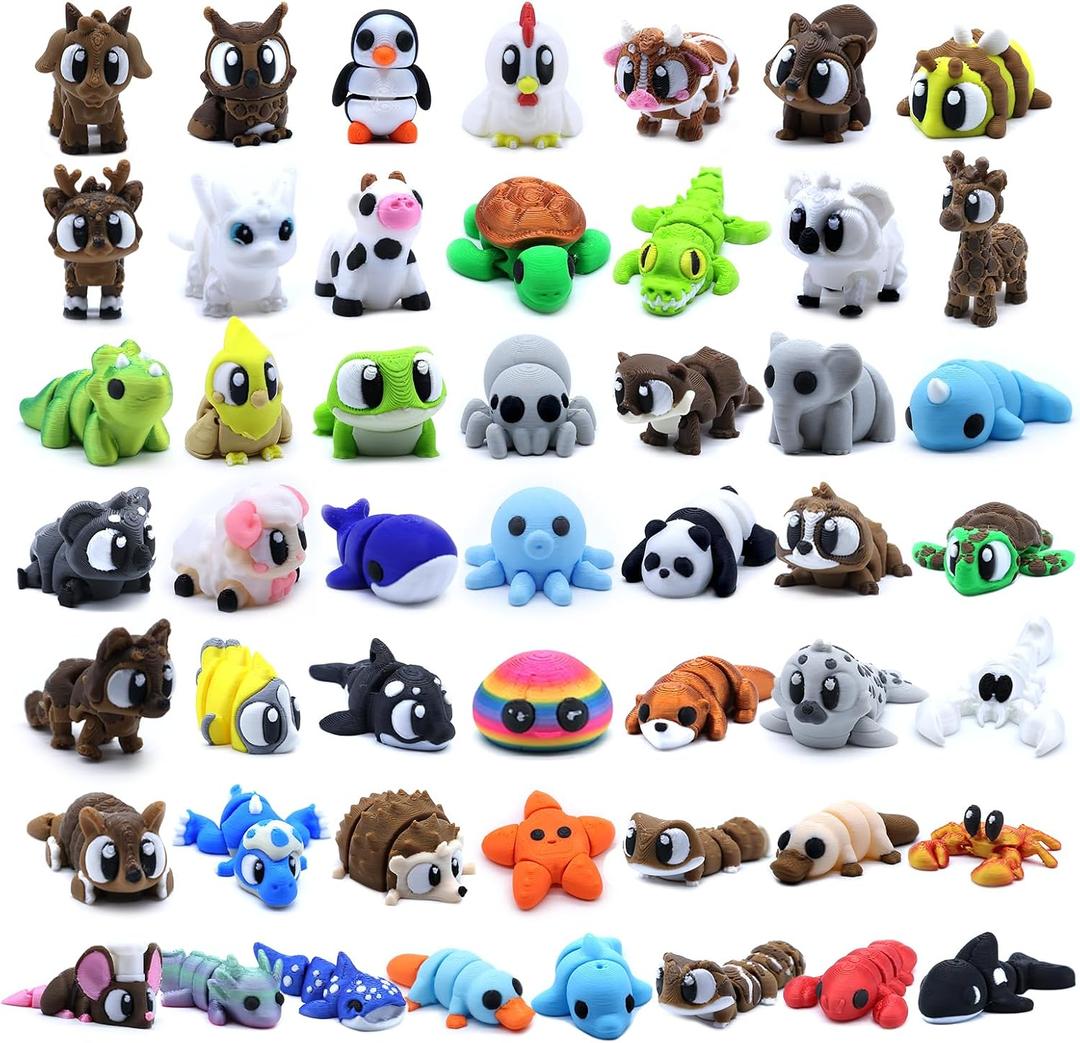 50 Pcs Mini 3D Printed Animals Figurines Set, 3D Printed Toys for Kids, Easter Basket Stuffers for Boys and Girls, School Classroom Prizes, Party Favors, Flexible Articulated Fidget Toys