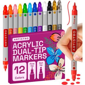 ARTISTRO 12 Precision Dual-Tip Acrylic Paint Markers  Paint Pens Set with Dot & Fine Tips for Fabric, Rock, Glass, Wood, Coloring Books  Classroom & Art Supplies Gift  Teacher Appreciation Gift