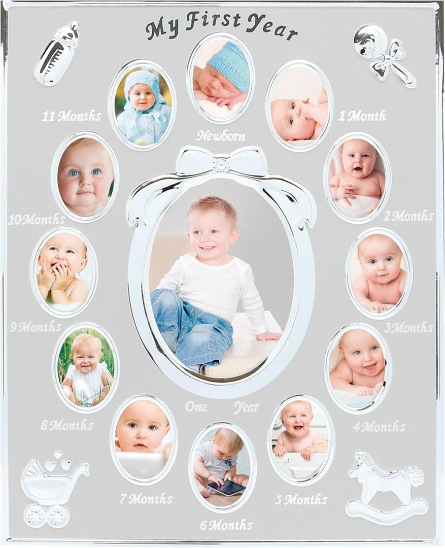 Tiny Ideas Babys My First Year Picture Frame, Monthly Milestone Photo Collage, 12 Month Baby Keepsake, Nursery Wall Decor and Baby Gift, Silver