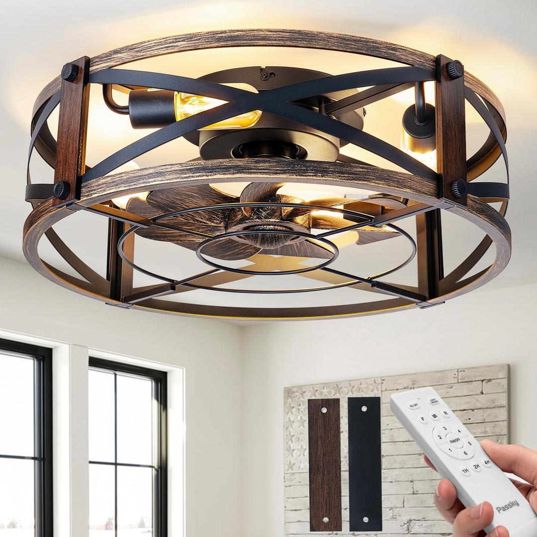 Passky 20" Farmhouse Flush Mount Ceiling Fans with Lights and Remote, Industrial Black Caged Low Profile Fandelier, 6 Speeds Bladeless Ceiling Fan for Bedroom, Kitchen, Living Room (Black Brushed Gold)