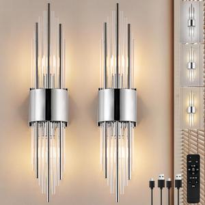 Battery Operated Wall Sconce Set of 2, Modern Crystal Wall Sconces Silver Vanity Wall Light with Frosted Glass, Luxury Wall Light Fixtures for Bedroom Living Room Dining Room Vanity Mirror