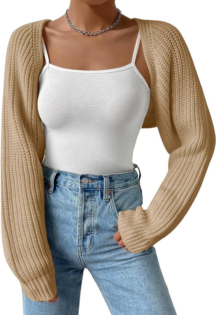 Women's Long Sleeve Open Front Knitted Crop Cardigan Drop Shoulder Knit Bolero Shrug Sweater, Size: Medium