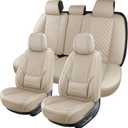 Leather Car Seat Covers Full Set Breathable Automotive Seat Covers Waterproof Seat Protectors Universal Fit for Most Automotive Cars SUV Trucks Van (Beige, Full Set)