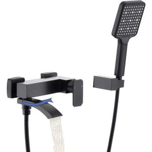 BEIYI Wall Mount Tub Faucet with 3 Functions Handheld Sprayer, Matte Black Bathtub Shower Faucets with Lengthened Folding Spout