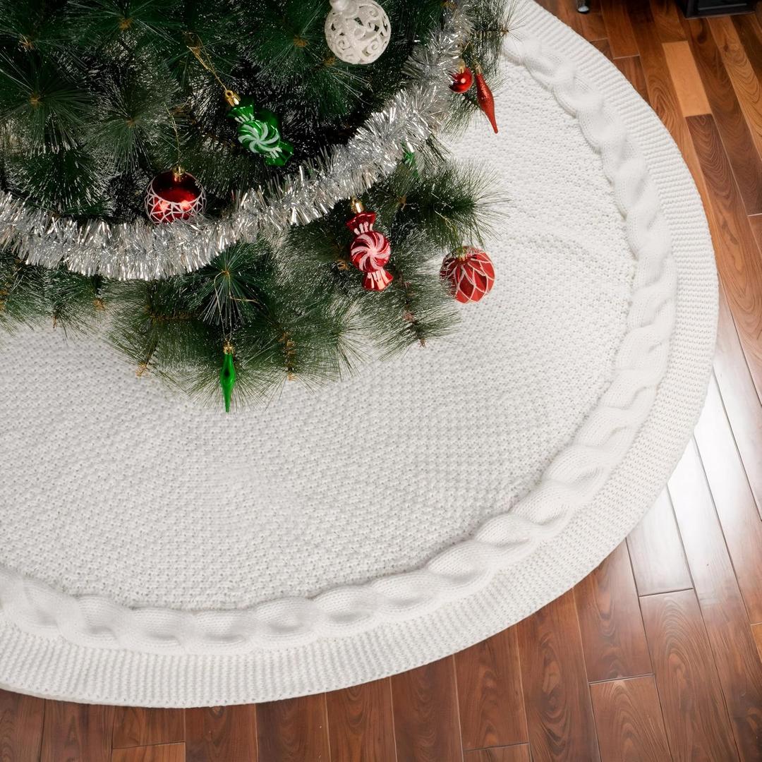 White Christmas Tree Skirt, 36 Inch Knitted Tree Skirt for 4-6 Ft Christmas Tree Luxury Knitted Thick Rustic Tree Skirt Xmas Decoration, Christmas Tree Skirt Decor for Christmas Tree