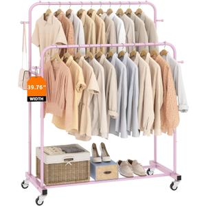 Laiensia Double Rods Garment Rack with Wheels, Clothing Rack for Hanging Clothes, 4 Hooks, Multi-Functional Bedroom Clothes Rack, Pink