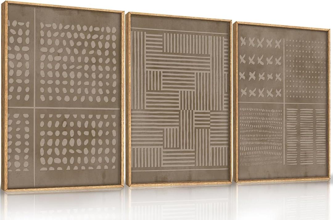 FWIEXA Mid Century Modern Framed Wall Art Set, Brown Boho Neutral Canvas Wall Decor, Large Geometric Pictures Wall Painting, 3 Panel 16x24 Inch Art Print for Living Room, Bedroom, Office Farmhouse