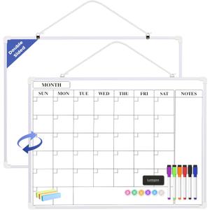 Monthly Whiteboard Calendar for Wall, 24" x 18" Dry Erase Board with Plastic Frame, Hanging Dry Erase Calendar with 3 Mini Sticky Notes for Kitchen Planner, Memo, Home and Office, White