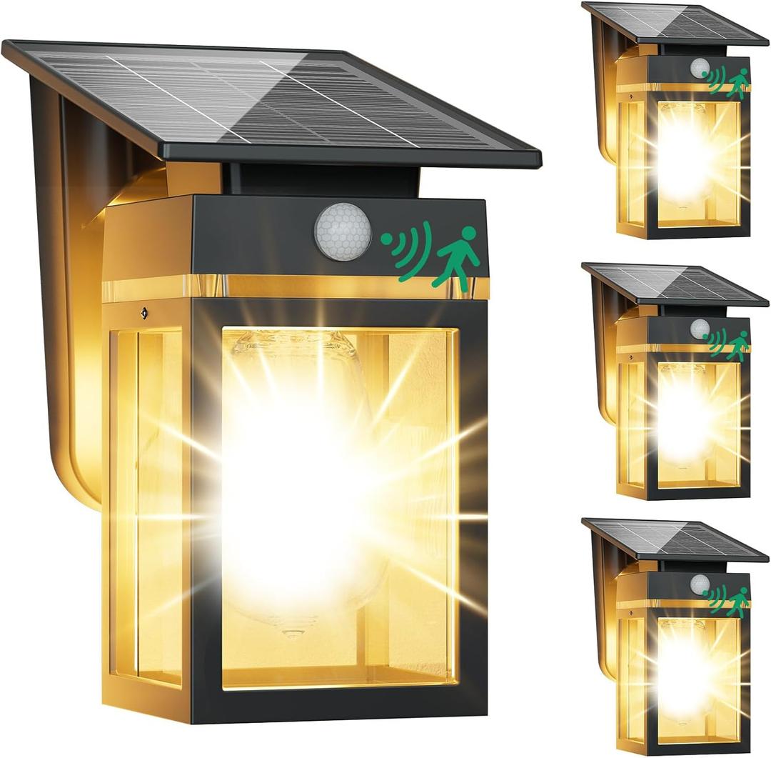 Cybrasc 4 Pack Solar Porch Lights Outdoor, Dusk to Dawn & Motion Sensor Wall Light with Lantern Shape, 3 Modes IP65 Waterproof, E26 Bulb Exterior Sconce for Front Porch, Garage, Patio Security