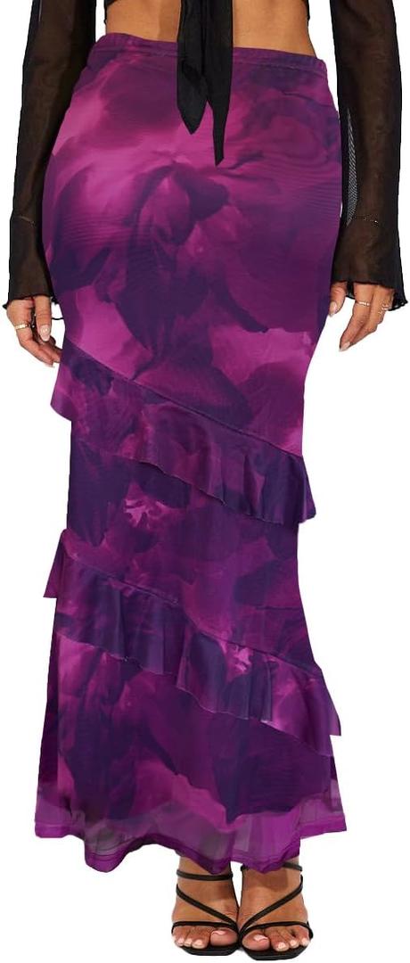 SEBOWEL Women Floral Mesh Long Skirt Tiered Sheer See Through Skirt Bohemian Boho High Waist Bodycon Mesh Ruffle Maxi Skirt (Purple, M)
