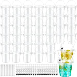 40 Set 32oz Clear Plastic Rum Buckets for Drink with Straws Beverage Syringes Drink Buckets for Parties with Handle Reusable Punch Bowls for Rum Wine Beer Cocktail Beverage Party(Frosted)