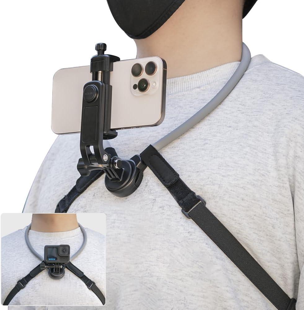 Magnetic Neck Mount for Phone & Action Camera, Neck Cell Phone Holder Mount with Strap POV/Vlog Selfie Hand Free Phones Holder Chest Stand Strap Video Recording for iPhone 17 16 15 14 and All Phones