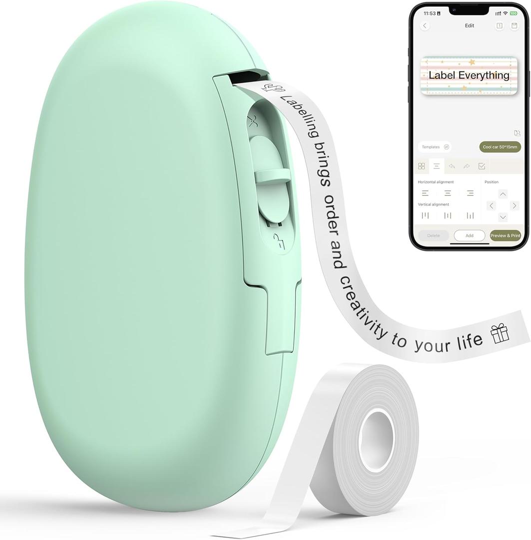 SUPVAN E10 Bluetooth Label Maker Machine with Tape, Continuous Waterproof Label, Versatile App with 35 Fonts and 1k+ Icons, Label Printer for Home, Kitchen, School, Office Organization, Green
