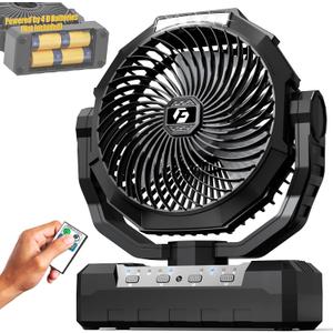 Battery Operated Fan [200H Max], 2 IN 1 D-Cell Battery & USB Powered Fans, Portable Camping Fan with 4 Speeds, Light, Timer, Remote for Outdoor Tent, Travel, Picnic, Office, Bedroom - Black