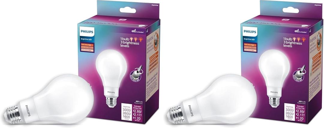 Philips LED Bright Dial Frosted A21, Non-Dimmable, Eye Comfort Technology, 2605-1600-800 Lumen, Soft White(2700), 60-100-150W, Title 20 Certified, E26 Base, 2-Pack (576348)