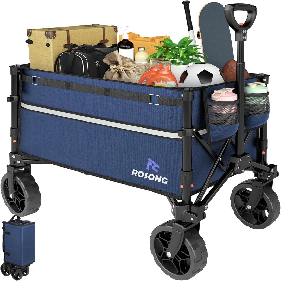 ROSONG Collapsible Wagon Cart with Wheels Foldable - Folding Utility Heavy Duty Wagons Carts for Grocery Sports Garden Shopping Camping Wheelbarrows (Navy Blue, 120L)