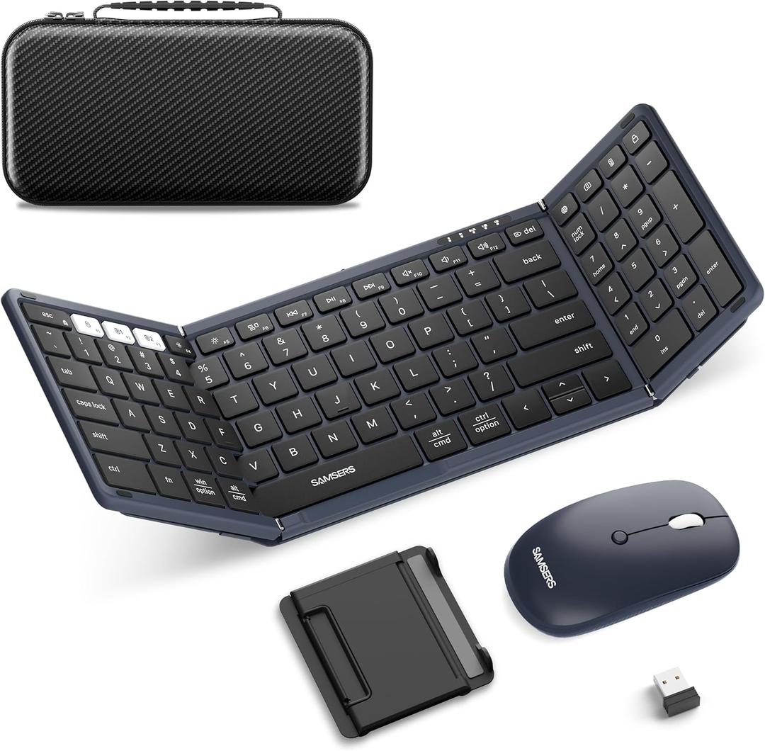 Foldable Keyboard and Mouse, Samsers Folding Bluetooth Keyboard Combo, 2.4G + BT5.0 x 2, Full Size Portable Travel Keyboard & Rechargeable Wireless Mouse for Windows Android iOS Mac OS, Midnight Blue
