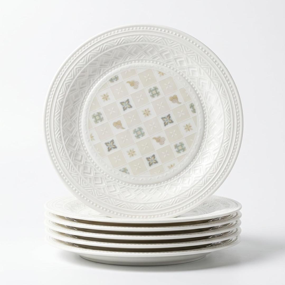 Bone China Salad Plates Set of 6, 8 Inch White Dessert Plates with Embossed Rim and Decorative Center Pattern, Small Serving Plates for Salad, Snacks and Appetizers, Microwave & Dishwasher Safe