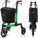 3 Wheel Rollator Walker, Walkers for Seniors, Rollator Walker Lightweight Foldable, with Tray and Large Storage Bag, 10 Inch Front Wheel for All Terrain, Green