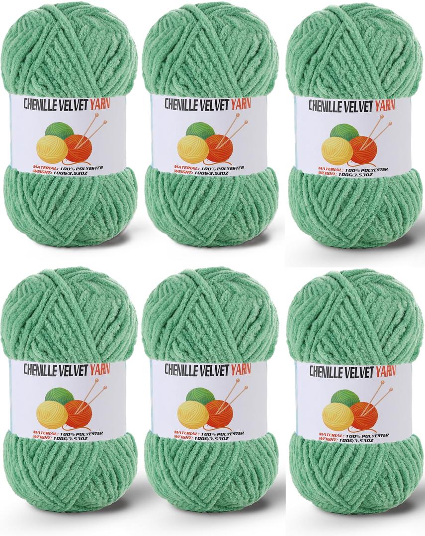 6 * 100g/3.5oz Fluffy Chenille Yarn for Crocheting, Chunky Velvet Yarn for Crochet Amigurumi, Used for Making Baby Yarns Blanket, Clothes, Pattern Knitting Creations (Light Green)
