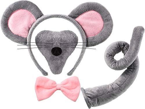 Norme Mouse Costume Accessory Set Rat Ear Headband Nose Tail and Bow Tie for Adults Halloween Animal Cosplay Party (Pink and Grey)