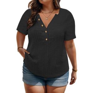 VISLILY Plus-Size-Summer-Tops for Women Henley V Neck T Shirts Short Sleeve Buttons Up Tunics Dressy Eyelet Blouses (Black)