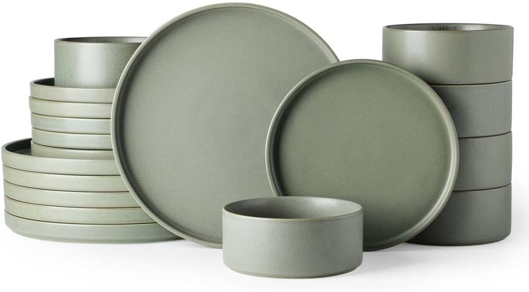 GBhome Ceramic Dinnerware Sets for 6, Matte Stoneware Plates and Bowls Sets,Chip and Scratch Resistant Dishes, Dishwasher & Microwave Safe, Oven safe,Reactive Glaze-Green