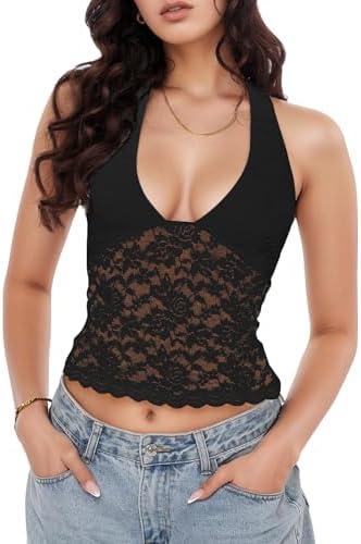 Penioca Sexy Halter Top for Women Deep V Neck Lace Cami Backless See Through Going Out Trendy Top L