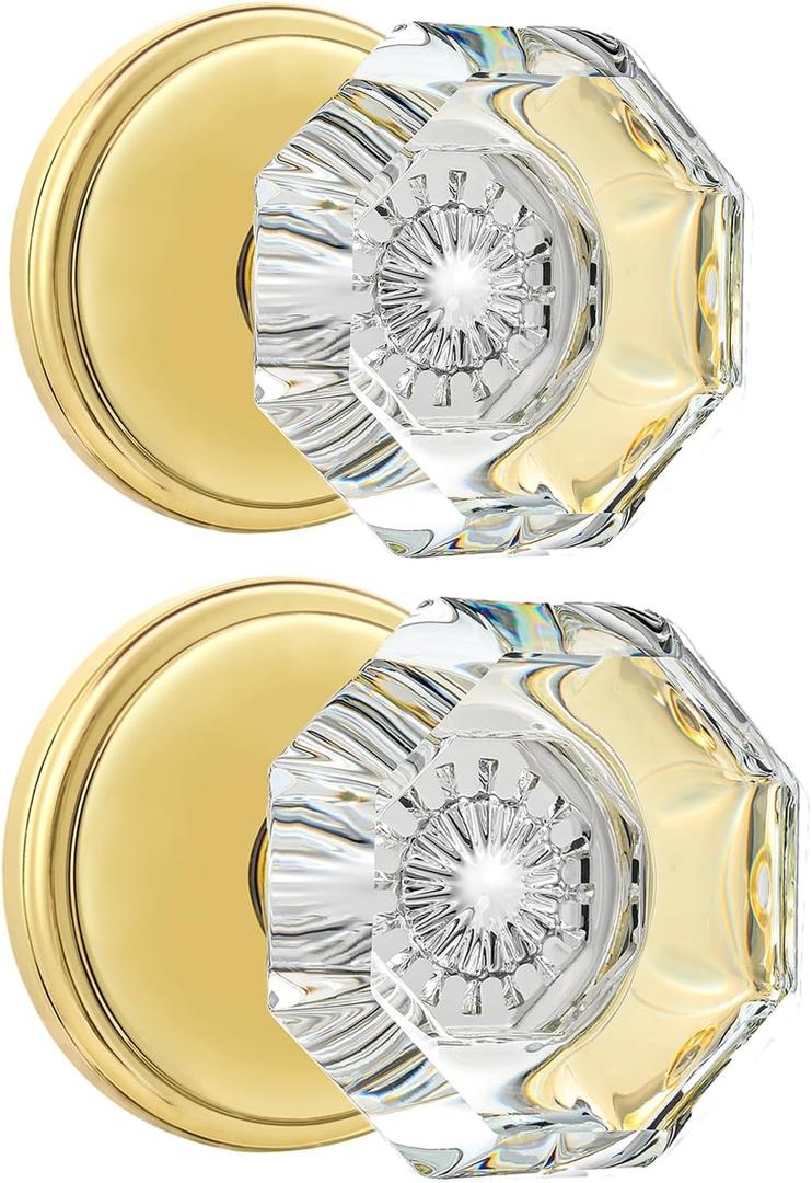 2 Pack Crystal Dummy Door Knobs, Non-Turning Single Side Dummy Door Knob Set, Polished Brass/Gold