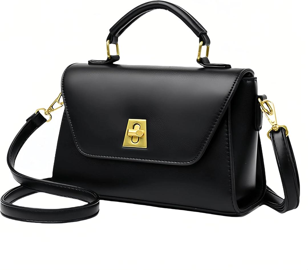 Classic Medium Crossbody Bag for Women, Vegan Leather Satchel Purse with Gold-Tone Hardware, Elegant Top-Handle Shoulder Bag (Black)