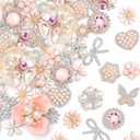 Giegxin 48 Pcs Rhinestone Buttons for Crafts Clothes Faux Pearl Embellishments Pink Butterfly Rhinestone Flower Buttons Vintage Women Pearl Brooch for Jewelry Making, DIY, Bags Shoes Supplies