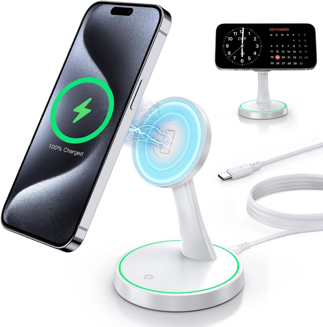 Magnetic Wireless Charger Stand 15W Fast Mag-Safe Charger for iPhone 17 /17 pro/ 17 Air/ 17 pro max 16/15/14/13/12 Series Magnet Wireless Charging Station/Pad with Sleep-Friendly Light for AirPods