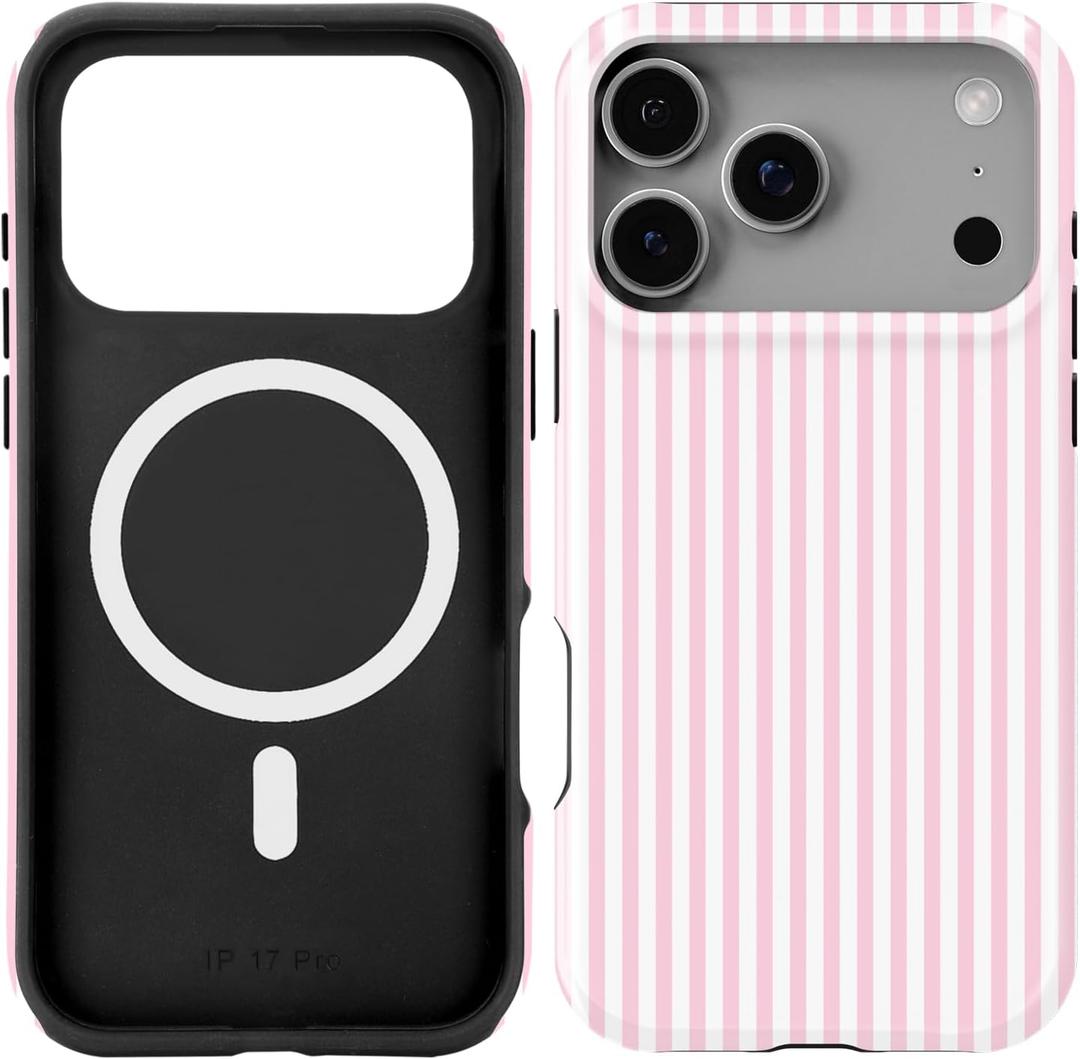 Compatible with iPhone 17 Pro Case [8 ft Drop Tested] Compatible with MagSafe - Cute Pink Stripes Lines Mag Series Cases for Women Girls
