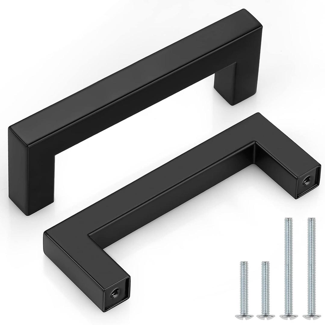Probrico (5 Pack) Matte Black Square Cabinet Pulls 3-1/2 Inch(90mm) Hole Center Modern Kitchen Cabinet Hardware 4 inch(102mm) Overall Length Stainless Steel Drawer Handles